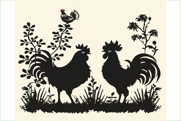 Vector illustration set of black silhouettes of hens. Silhouettes of roosters. Cock illustration. Black silhouettes of roosters and hens on a white background. 