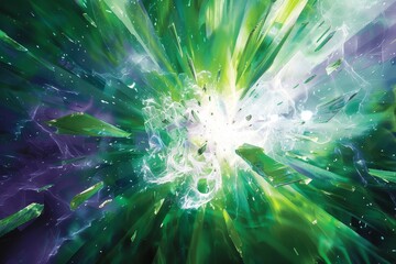 Emerald Explosion: Dynamic Burst of Green and Purple in a High-Energy Abstract