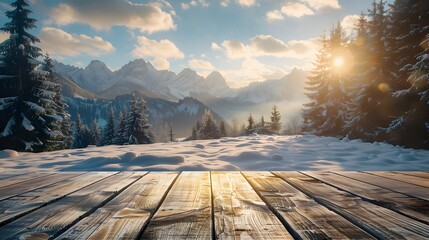 A wooden table top with a beautiful winter landscape in the background. Snowcovered mountains, evergreen trees, create an enchanting scene for product display or montage.