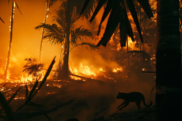 Intense Forest Fire with Silhouetted Wild Animal and Flaming Trees in a Tropical Environment