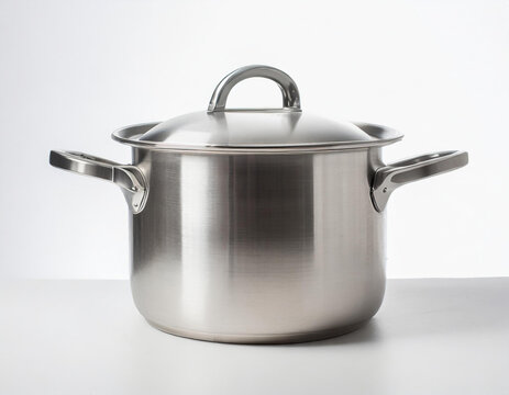 Una olla de acero inoxidable sobre un fondo gris y blanco. Vista de frente y de cerca. AI Generativa