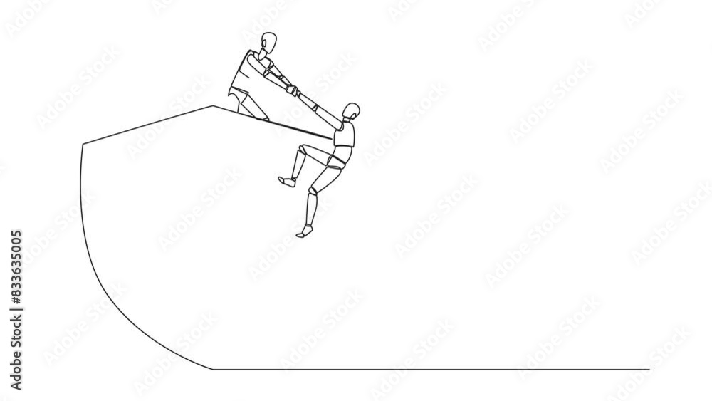 Aufkleber animated self drawing of one line drawing smart robotic helps colleague climbs the big shield. teamw