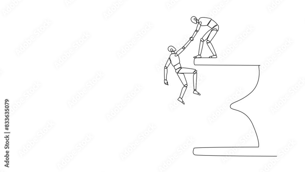 Poster animation of continuous line drawing smart robotic helps colleague climb the big hourglass. have man