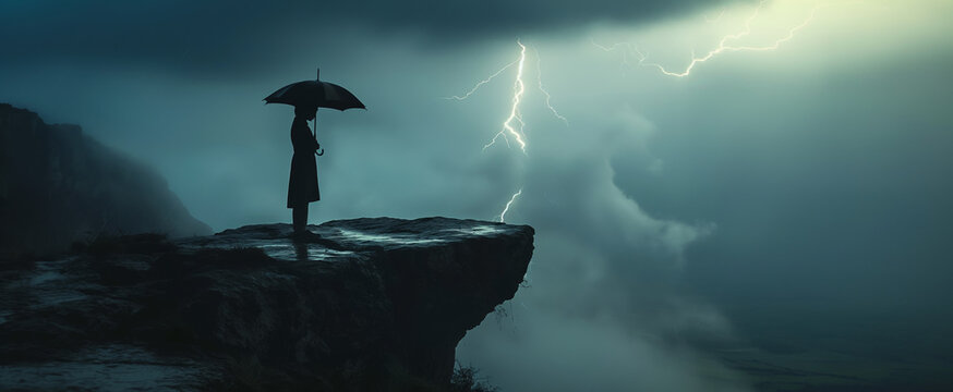 Silhouette Person on Cliff with Umbrella During Dramatic Thunderstorm Lightning