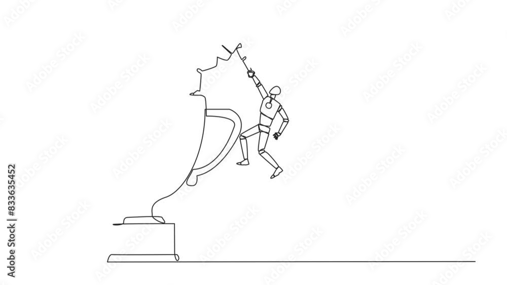 Poster animated self drawing of single line drawing smart robotic helps colleague climb the big trophy. ach