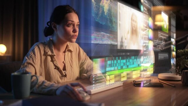 Young woman video editor editing new project montage on holographic computer screen at home workplace Augmented virtual reality concept