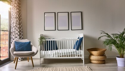 Modern minimalist nursery room with three poster frame mockup, Baby room interior, Light colours, Scandinavian style