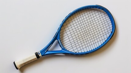 A blue tennis racket with a white handle and white strings.