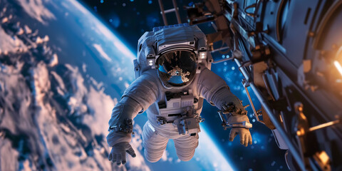 Spacewalk by Astronaut Near Earth with Space Station in Background   High Resolution