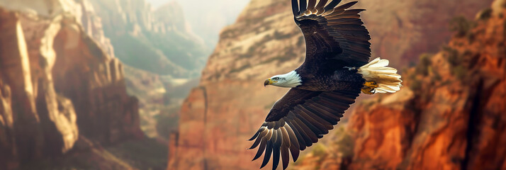 Majestic Eagle Soaring Over Grand Canyon at Sunset