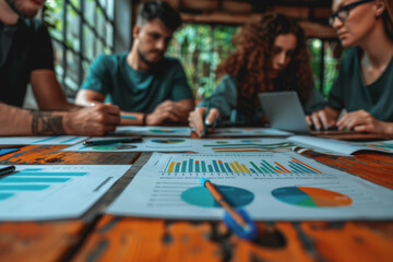 Business team meeting to analyze data charts for marketing plans and office profits.