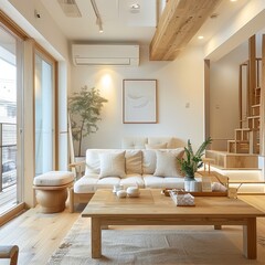Fototapeta premium The photo shows a living room with a sofa, coffee table, rug, plants, and a bookshelf. The room is decorated in a modern style with neutral colors and natural materials.