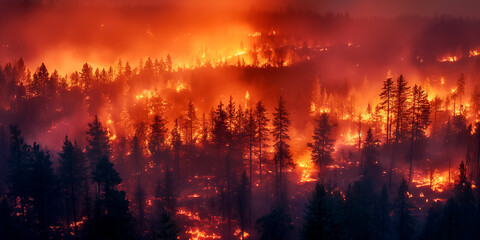 Intense Forest Fire Scorching Trees Under Dramatic Red Sky