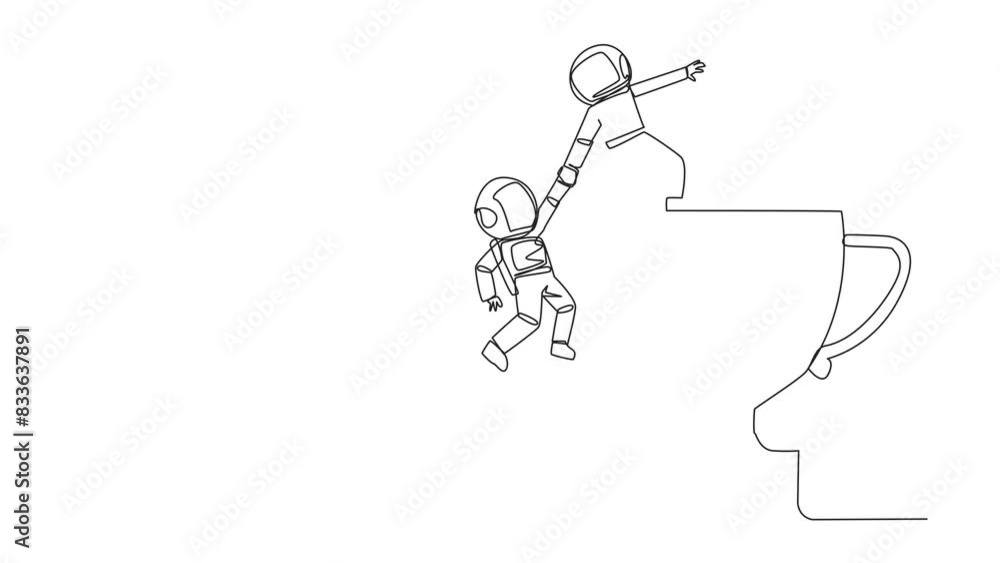Poster self drawing animation of one line drawing astronaut helps colleague climb the big trophy. achieveme