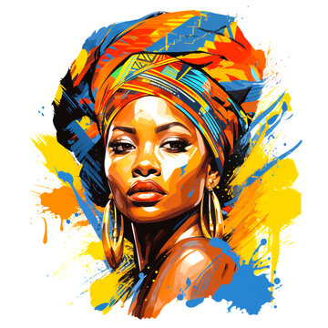 recommend clip art: Portrait of a beautiful African black woman with many colorful accessories. Stunning brightly colored outfits, white background.