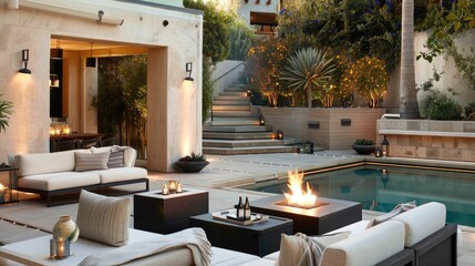 a fire pit set within a sleek table crafted from black bamboo sheets, with a stainless steel...