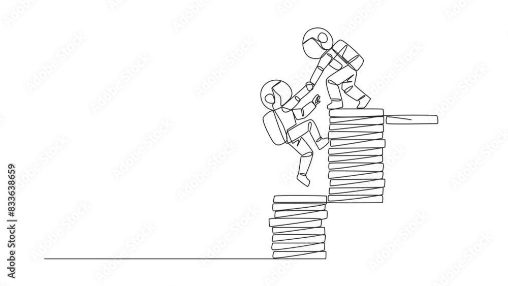 Poster self drawing animation of continuous line drawing astronaut helps colleague climb a pile of coins. m
