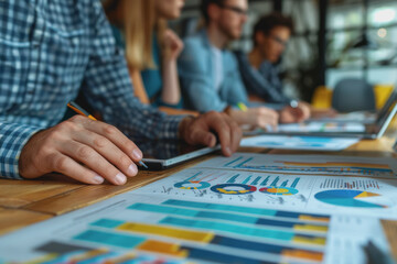 Business team meeting to analyze data charts for marketing plans and office profits.