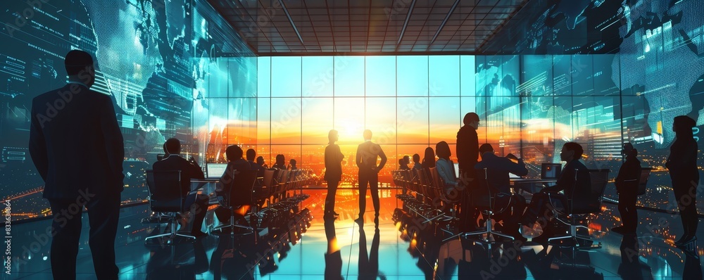 Poster a group of business professionals in a modern office setting with a digital backdrop, discussing str
