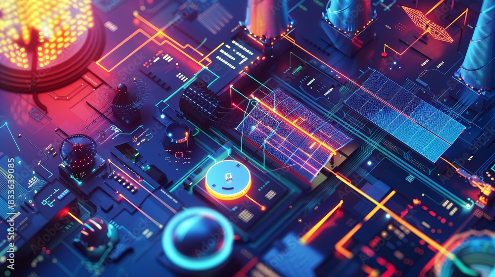Poster a vibrant, close-up view of a futuristic circuit board with glowing lights and intricate patterns, s