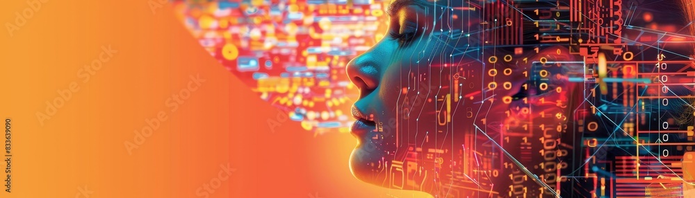 Aufkleber a vibrant abstract digital art depicting the profile of a person merged with colorful data and techn