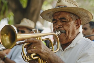 Obraz premium Experience the vibrant energy of a live outdoor concert featuring passionate Latin music and exceptional musicians under the night sky.