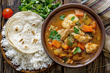 Close-Up of Guatemalan Pepian Stew with Rice and Tortillas