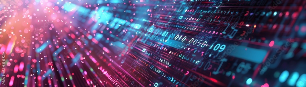 Poster abstract background featuring colorful light trails and digital data in a dynamic, futuristic techno