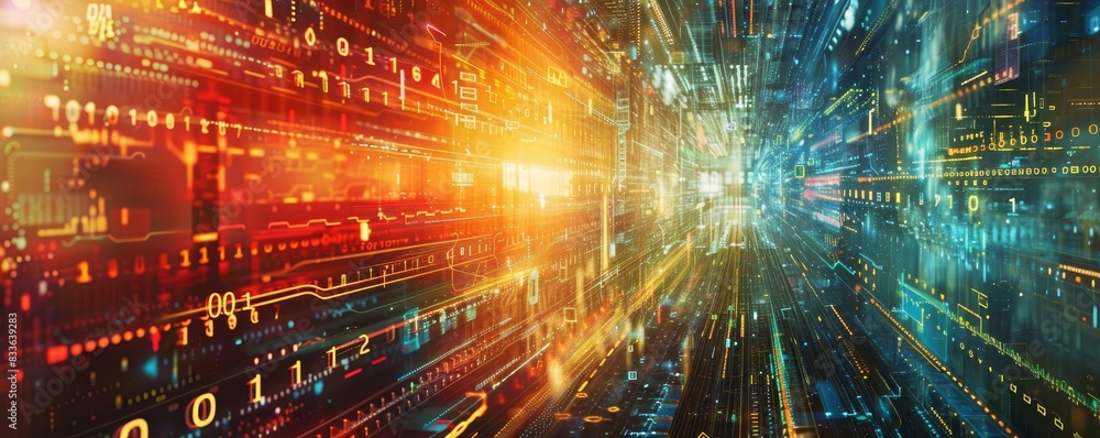 Poster abstract depiction of data transfer and high-speed connections with vibrant colors representing digi