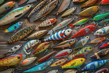 Fishing Lure Collection on Wooden Table Close-Up