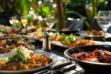 Indulge in a vibrant outdoor dining scene showcasing a diverse selection of beautifully presented international dishes, offering a true taste of multicultural culinary experiences.