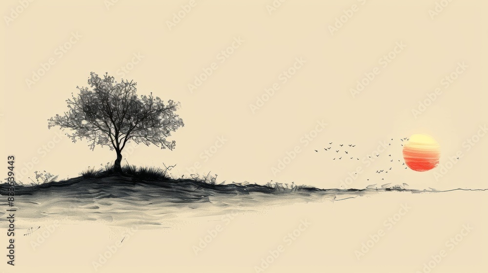 Poster single line art, minimalist line art tree illustration created with a single continuous line for the