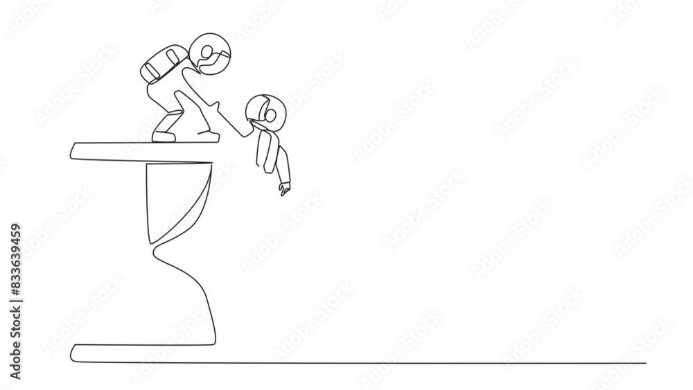 Poster animated self drawing of continuous line drawing young astronaut helps colleague climb big hourglass
