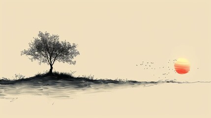 Fototapeta premium single line art, minimalist line art tree illustration created with a single continuous line for the trunk and branches, showcasing simplicity and elegance