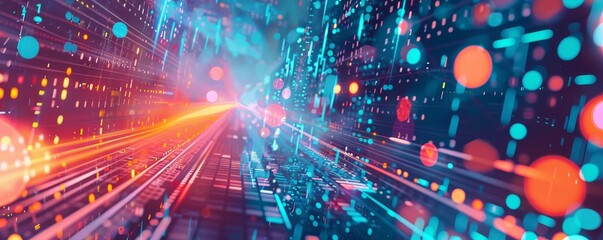 Obraz premium Abstract digital data and technology background with glowing lines and particles. Futuristic design concept, perfect for innovation themes.