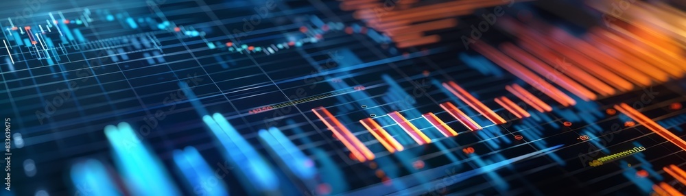 Poster abstract financial graph with blue and orange lines depicting market data analytics. ideal for busin