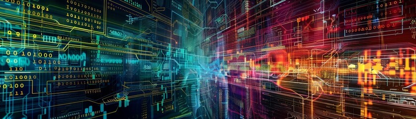 Abstract digital technology background with vibrant colors and dynamic lines representing data and communication in a futuristic setting.