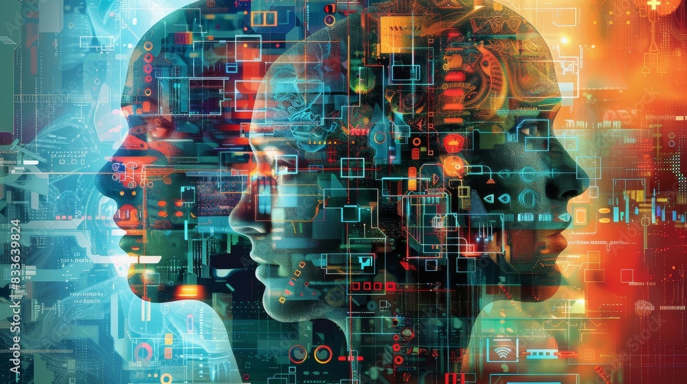 Poster abstract illustration of human profiles merging with technology, symbolizing ai and digital transfor