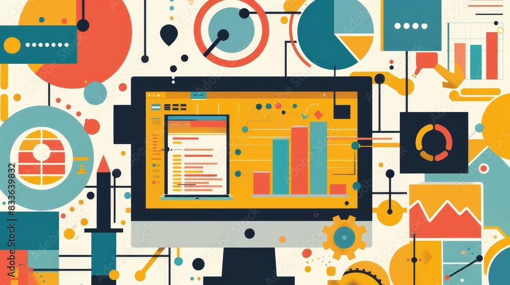 Poster abstract illustration of data analysis and statistics on a computer screen with colorful charts and 