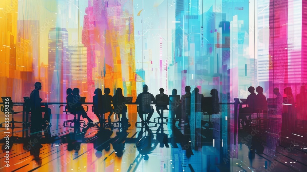 Poster abstract image of a business team in a modern colorful office setting, representing teamwork, collab