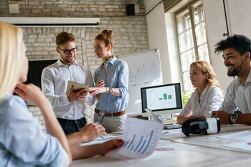 Startup business people working as team to find solution to problem. Technology finance concept