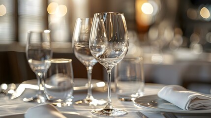 Elegant wine glasses on an elegant table setting in a restaurant, captured, showcasing the texture of the crystal glassware. emphasize the focus on the sophisticated dining experience.