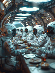 Astronauts are sitting around a table in a spaceship, eating dinner. Generative ai.