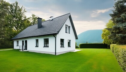 Obraz premium White family house with black pitched roof tiles, and beautiful front yard with green lawn. Outside view