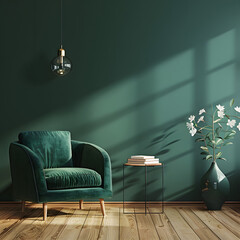 Modern wooden living , Living room interior has an green armchair on empty dark green wall background, room, Light room with sofa and armchair on empty dark green wall background,