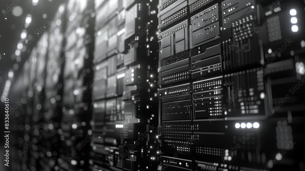 Aufkleber black and white close-up of a modern data server room with blinking lights, showcasing advanced tech