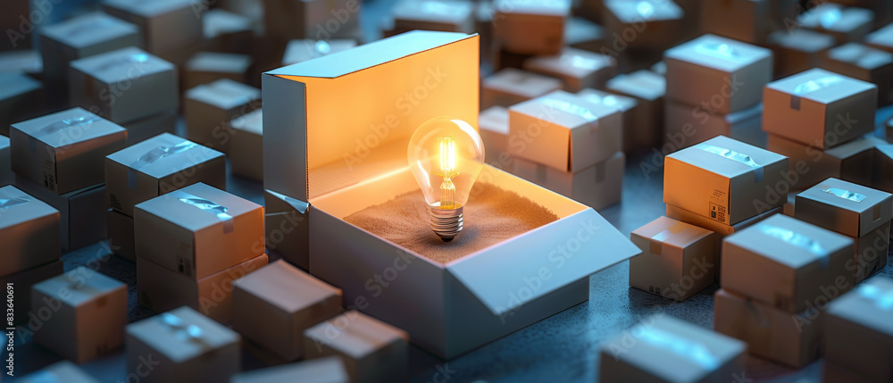 Poster unveiling brilliance in an open box with glowing light bulb surrounded by cartons.