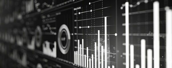 Black and white image of digital data charts showcasing statistical analysis and performance metrics, ideal for business presentations.