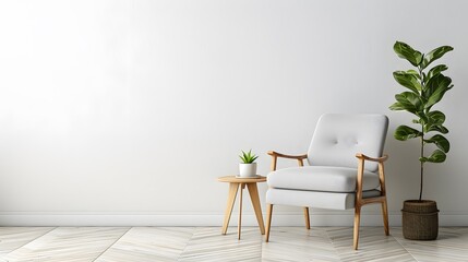 Empty wall background mockup with a grey armchair and wooden side table on a white blank space for design presentation. An interior decoration home decor concept.