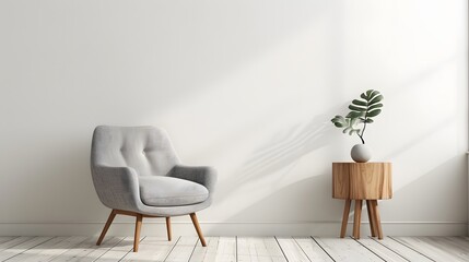 Empty wall background mockup with a grey armchair and wooden side table on a white blank space for design presentation. An interior decoration home decor concept.